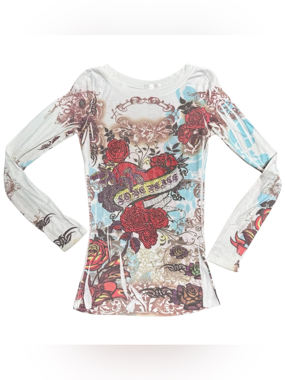 Y2K Vintage Miss Pinky Rhinestone Tattoo Print Long Sleeve Top M